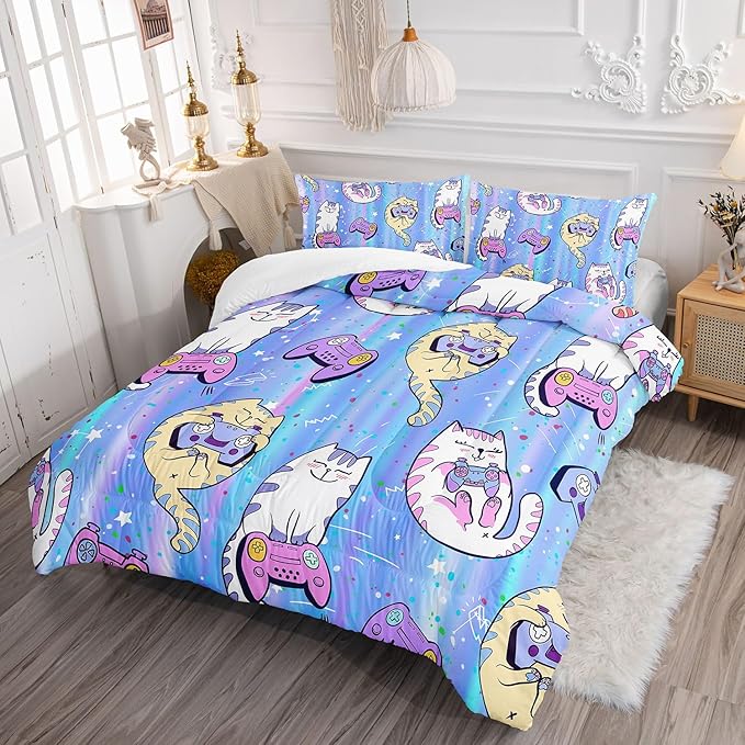 Datura home Cat Comforter Set Blue Kawaii Cat Printed Quilt Bedding Set with 1 Comforter and 2 Pillowcases for Boys and Girls Bedroom All Season(Blue Cat Twin)