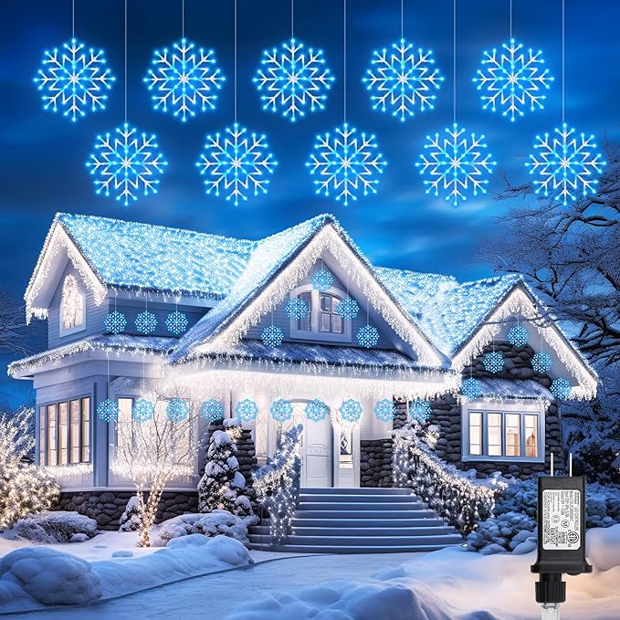 Christmas Snowflake Icicle Lights Outdoor - Plug-in 23.6ft 10 Drops 480LED Snowflake Window Lights, Connectable for Indoor Outdoor Porch Eaves Rooftops Canopy Christmas Decoration, Blue and White
