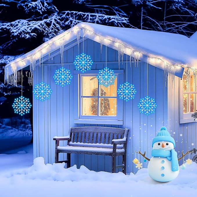 Christmas Snowflake Icicle Lights Outdoor - Plug-in 10.5ft 5 Drops 240LED Snowflake Window Lights with 8 Modes, Hanging Lights for Indoor Outdoor Porch Eaves Rooftops Christmas Decor, Blue and White