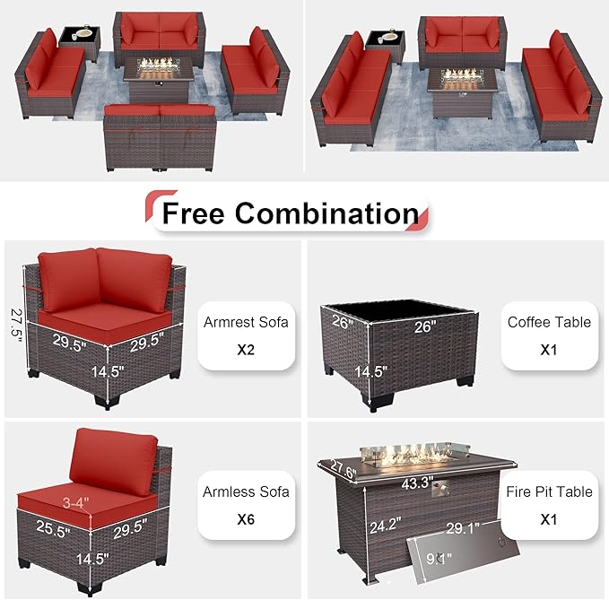 Patio Furniture Sectional Sofa 10 Pieces PE Rattan Patio Conversation Set w/43in Gas Fire Pit Table, Outdoor Furniture with 55000 BTU Propane Fire Pit, Red