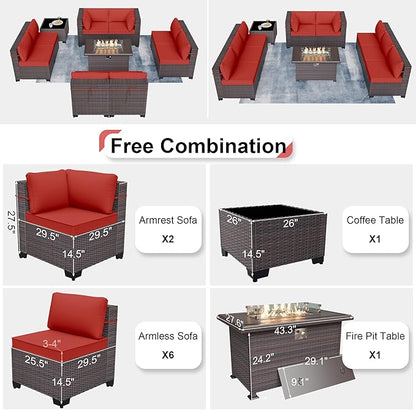 Patio Furniture Sectional Sofa 10 Pieces PE Rattan Patio Conversation Set w/43in Gas Fire Pit Table, Outdoor Furniture with 55000 BTU Propane Fire Pit, Red