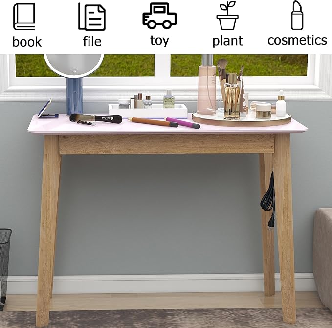 TaoHFE Pink Vanity Table with Rubber Wood Legs Small Spaces Girl Vanity Desk Glossy Pink 39 Inch Makeup Desk with USB Dressing Table No Mirror Computer Desk for Home Modern Vanity Desk for Bedroom