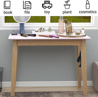 TaoHFE Pink Vanity Table with Rubber Wood Legs Small Spaces Girl Vanity Desk Glossy Pink 39 Inch Makeup Desk with USB Dressing Table No Mirror Computer Desk for Home Modern Vanity Desk for Bedroom