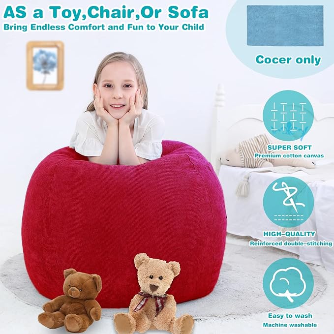 Stuffed Animal Storage Bean Bag Chair Cover (No Filler) for Kids and Adults.Soft Premium Corduroy Stuffable Beanbag for Organizing Children Plush Toys or Memory Foam Small 100L (Red)