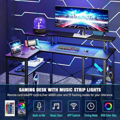Gaming Desk with Power Outlets & Music Strip Lights, L-Shaped Desk with 2-Layer Storage on Both Sides, Large Monitor Stand for Office Home