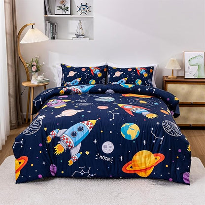 Aimuan Space Comforter Twin Set Kids Rocket Bedding Set Super Soft & Cute Aliens UFO Printed for Boys Girls Teen (Navy, Full 5Pcs)