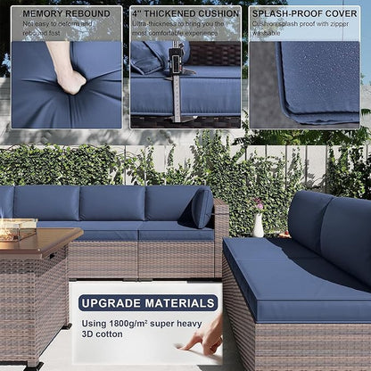 Kullavik 13 Pieces Outdoor Patio Furniture Set with 43" 55000BTU Gas Propane Fire Pit Table PE Wicker Rattan Sectional Sofa Patio Conversation Sets,Navy Blue
