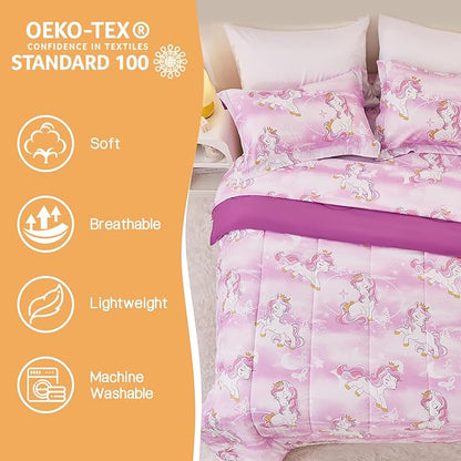 Unicorn Kids Comforter Set for Girls Twin, Cute Reversible Quilted Lavender Printed Bedding Set with Pillow Sham, Lightweight Soft Breathable Machine Washable Bed Set 2 Piece