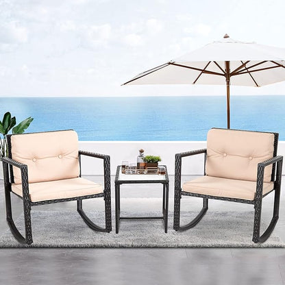 FDW Wicker Patio Furniture Outdoor Bistro Set, Rocking Chair, 3 Piece, Rattan Conversation Set for Backyard Porch Poolside Lawn with Coffee Table,Black