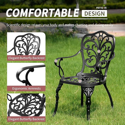 Bistro Table and Chairs Set of 2, Cast Aluminum Patio Furniture, Outdoor Bistro Set 3 Piece with Umbrella Hole for Balcony Porch Yard