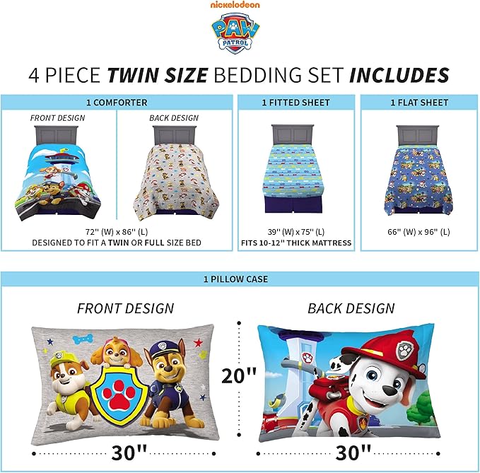 Franco Kids Bedding Super Soft Comforter and Sheet Set, 4 Piece Twin Size, Paw Patrol (Prints may vary)