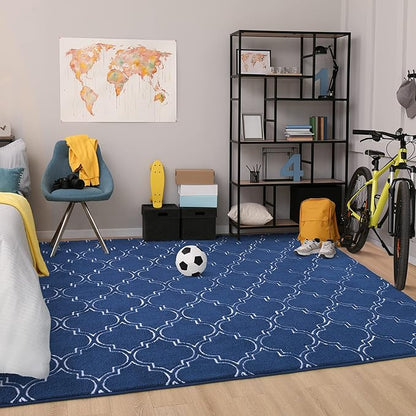 Chicrug Shag Geometric Modern Area Rug for Living Room, 7x10 Feet Large Memory Foam Indoor Carpet, Fluffy Rug for Bedroom Bedside Room Decor for Family Girls Kids Nursery, Navy/White