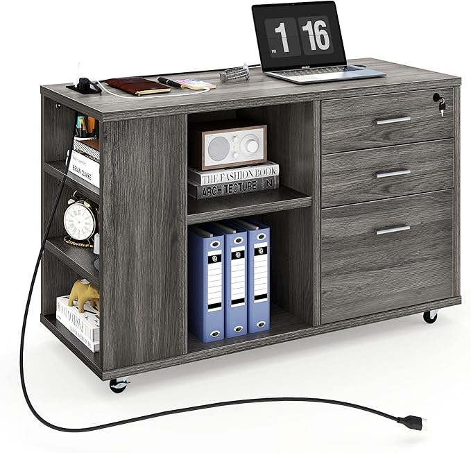 YITAHOME 3 Drawer File Cabinet with Charging Station, Home Office Furniture, Grey