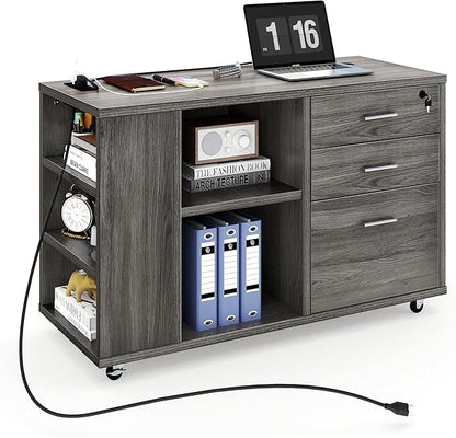 YITAHOME 3 Drawer File Cabinet with Charging Station, Home Office Furniture, Grey