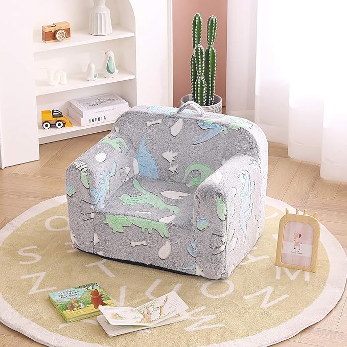 Tiita Kids Sofa, Children Couch with Carrying Handle & Side Pockets, Kids Foam Chair, Toddler Armrest Chair,Kids Read Sofa for Girl or Boy(Dark Grey Dinosaur)