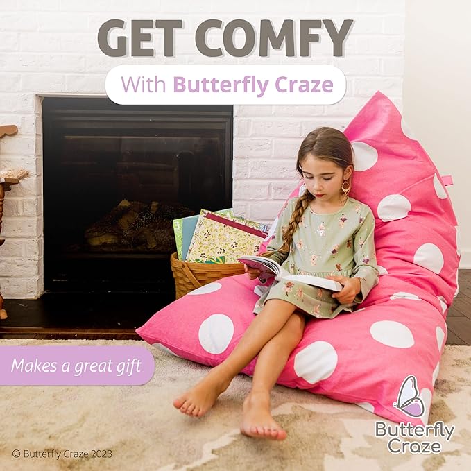 Butterfly Craze Bean Bag Chair Cover, Functional Toddler Toy Organizer, Fill with Stuffed Animals to Create a Jumbo, Comfy Floor Lounger for Boys or Girls, Stuffing Not Included, Pink Polka Dots