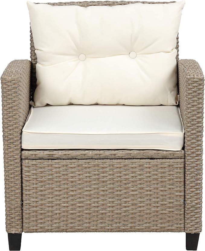 4 Piece Outdoor Patio Furniture Sets Wicker Rattan Conversation Sofa with Glass Table, Chaise Lounge and Chair for Garden Backyard, Onesize, Beige
