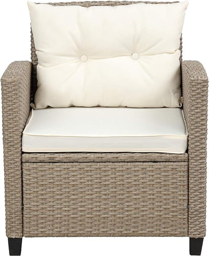 4 Piece Outdoor Patio Furniture Sets Wicker Rattan Conversation Sofa with Glass Table, Chaise Lounge and Chair for Garden Backyard, Onesize, Beige