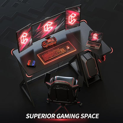 CubiCubi Aurora Gaming Desk with Carbon Fiber Surface, 40 Inch L Shaped Desk with Storage Shelves, Small Corner Computer Desk with Monitor Shelf, Gamer Desk PC Table, Black