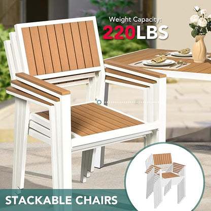 Pamapic 8-Piece Patio Dining Set，Outdoor Aluminum Furniture Set with Plastic-Wood Table Top,Outdoor Furniture Set with 6 Outdoor Stackable Chairs for Patio Garden Poolside (White)