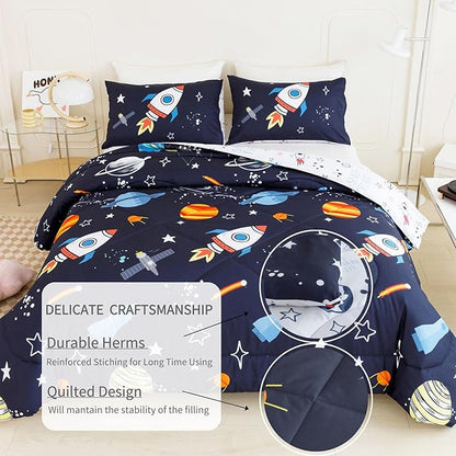 RYNGHIPY Kids Comforter Set Twin Size, Cute Space Rocket Bedding Set for Boys Girls, Space Themed Teen Boy Bedding (Space Rocket,Twin)