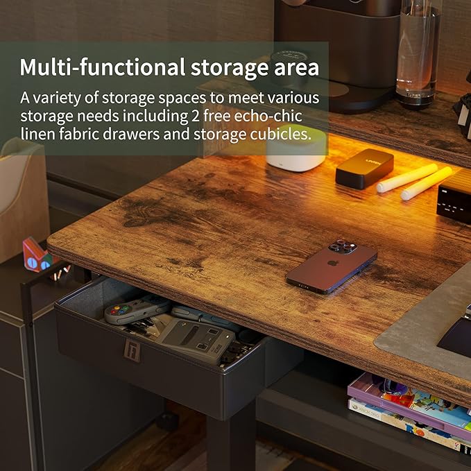 FEZIBO 63" L Shaped Standing Desk with LED Strip, Electric Triple Motor Sit Stand up Corner Desk Height Adjustable with Monitor Stand & Shelves, 2 Drawers, Ergonomic Home Office Desk, Rustic Brown
