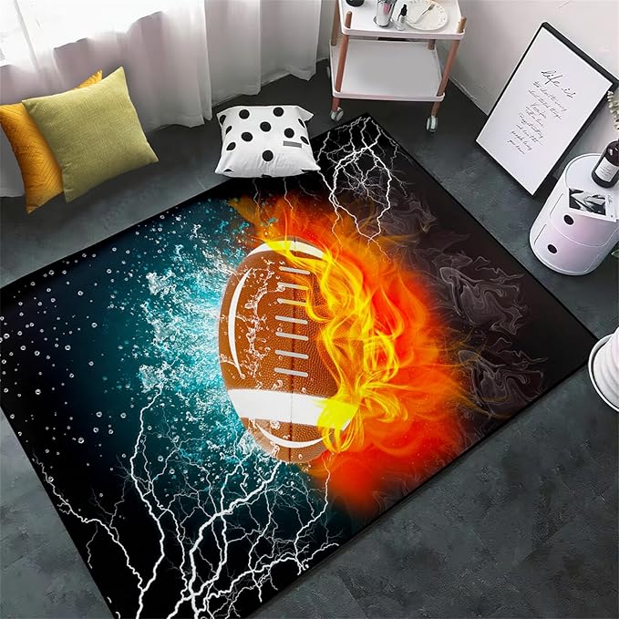 Football Rug Football Decor for Boys Bedroom Football Rug Water and Fire Cool Room Decoration Soccer Rug for Boys Room Football Printed Rug for Kids Room Playmat Rugs for Kid Room Living Room,2'5''×4'