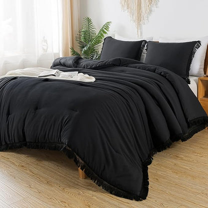 Andency Black Comforter Set Full Size, 3 Pieces Boho Tassel Lightweight Bedding Comforter Sets, All Season Soft Fluffy Fringe Bed Set (79x90In Comforter & 2 Pillowcases)