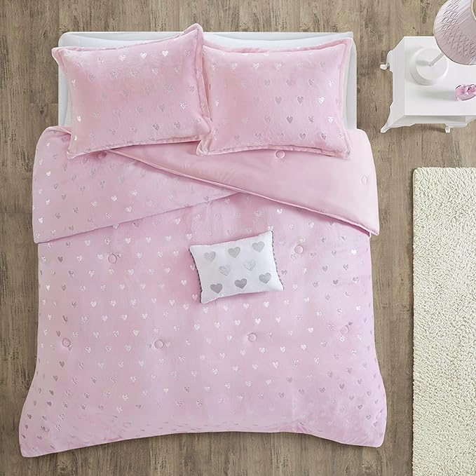 Mi Zone Rosalie Comforter Set for Girls, Ultra-Soft Microlight Plush Metallic Printed Hearts Brushed Reverse Overfilled Down Alternative Hypoallergenic All Season, , Full/Queen, Pink/Silver, 4 Piece