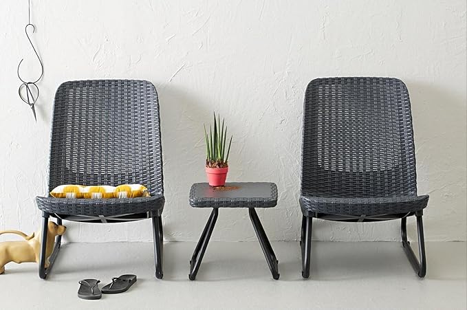 Keter Rio 3 Piece Resin Wicker Patio Furniture Set with Side Table and Outdoor Chairs, Dark Grey
