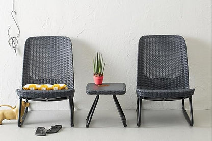 Keter Rio 3 Piece Resin Wicker Patio Furniture Set with Side Table and Outdoor Chairs, Dark Grey