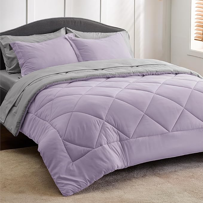 Bedsure Light Purple California King Size Comforter Set - 7 Pieces Reversible California King Bed in a Bag, Cal King Light Purple and Grey Bed Set with Comforters, Sheets, Pillowcases & Shams
