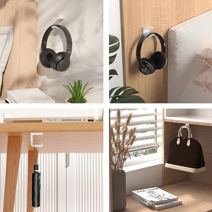 HomeMount Headphone Hook Under Desk - Headphone Holder Under Table, Adhesive Gaming Headphone Stand Hanger Desk Mount for Most Headphone（White）
