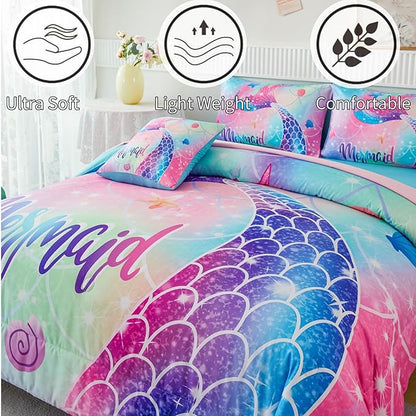 RYNGHIPY Mermaid Queen Girls Bedding Set, Colorful Rainbow Kids Girls Comforter Set with Sheets Soft and Lightweight, 6 Pieces Teen Girls Bed in a Bag