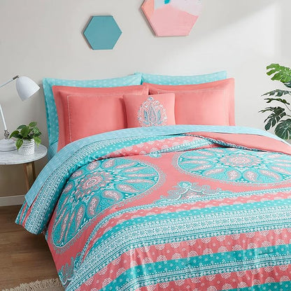 Degrees of Comfort Twin Bed in A Bag 6 Piece, Boho Mandala Bedding Sets for Girls, Coral Tween Bed Set, Microfiber Comforter Set with Sheet, Matching Decorative Pillow