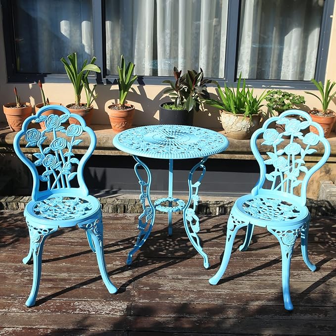 KAI LI Outdoor Furniture Bistro Set with Rose Pattern 1 Table 2 Chairs for Garden Patio Porch (Rose-Light Blue)