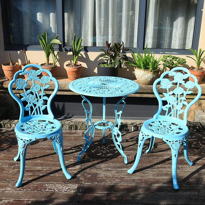 KAI LI Outdoor Furniture Bistro Set with Rose Pattern 1 Table 2 Chairs for Garden Patio Porch (Rose-Light Blue)