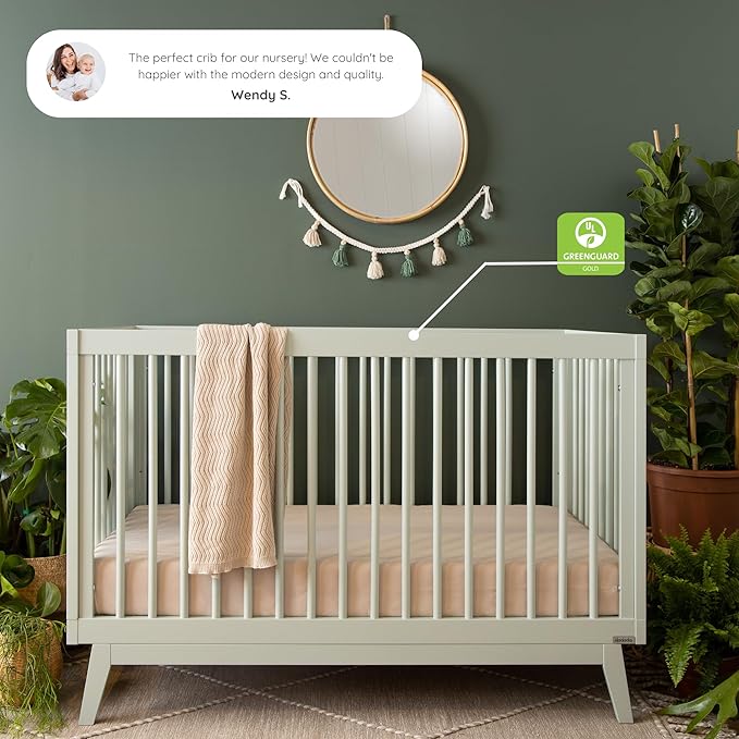 dadada Baby Soho 3-in-1 Convertible Crib to Toddler Bed – Wooden Crib Made in Italy, GREENGUARD Gold Certified Small Baby Crib – Baby-Safe Finish, Modern Design (Sage)
