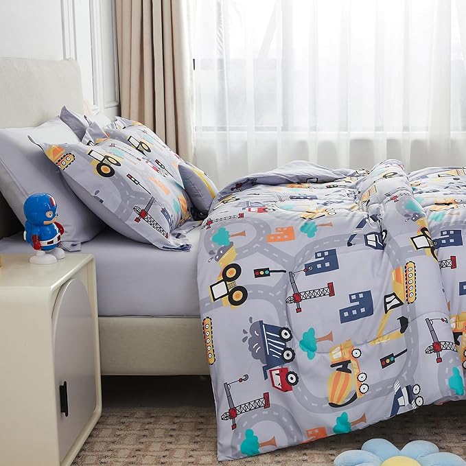 Mooreeke Bed in a Bag for Kids Boys Teens, 6 Pieces Twin Size Comforter Bed Set with Shams, Sheet Set and Decorative Toy Pillow, Excavator Super Soft Microfiber Kids Comforter Bedding Set
