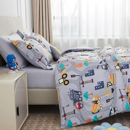 Mooreeke Bed in a Bag for Kids Boys Teens, 6 Pieces Twin Size Comforter Bed Set with Shams, Sheet Set and Decorative Toy Pillow, Excavator Super Soft Microfiber Kids Comforter Bedding Set