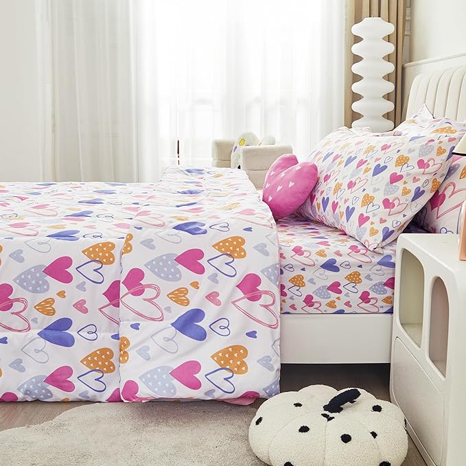Mooreeke Twin Size Comforter Sets for Girls Kids, 6 Pieces Bed in a Bag Pink Heart Bedding Comforter Sheet Set with Shams and Decorative Toy Pillow, Ultral Soft Microfiber Kids Bed Set