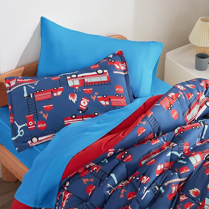 SLEEP ZONE Kids Bedding Comforter Set Full/Queen Size - 7 Pieces Super Cute & Soft Bedding Sets & Collections with Comforter, Sheet, Pillowcase & Sham - Fade Resistant Easy Care (Fire Truck)