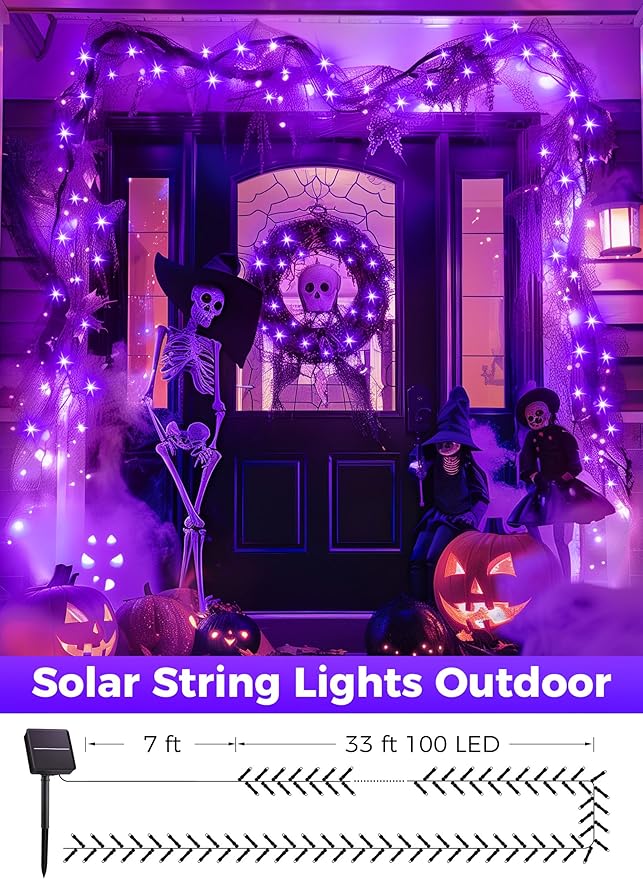 Minetom 2 Pack Solar Halloween Lights Outdoor, Total 80FT 200 LED Halloween String Lights with 8 Modes, Halloween Decoration Outdoor, Waterproof Solar String Lights for Outside Tree Yard Party, Purple