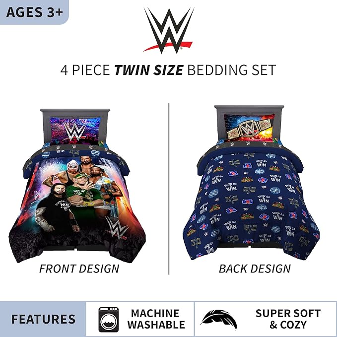 Franco Kids Bedding Super Soft Comforter and Sheet Set, 4 Piece Twin Size, WWE