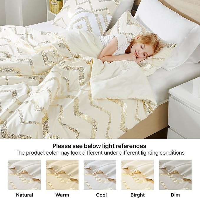 Codi Cream White and Gold Comforter Set for Twin/Twin XL Size, Cute Metallic Ivory Bed Sets, 3 Piece (1 Matching Sham + 1 Decorative Pillow)