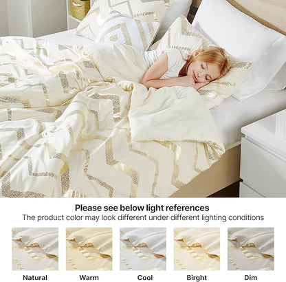 Codi Cream White and Gold Comforter Set for Twin/Twin XL Size, Cute Metallic Ivory Bed Sets, 3 Piece (1 Matching Sham + 1 Decorative Pillow)