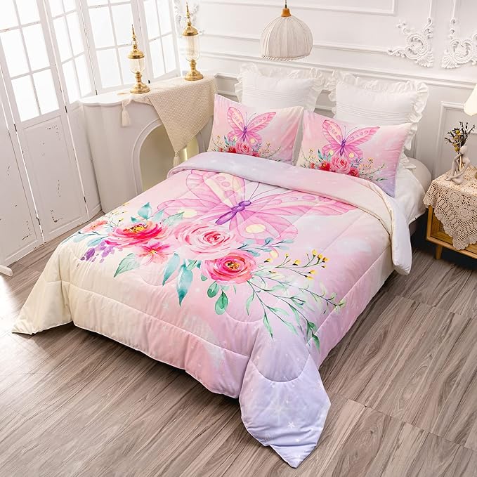CVHOUSE Butterfly Comforter Set,Luxurious Blue Butterfly Bedding Set for Kids Teens,Blue Butterflies Comforter Butterflies Duvet Set Room Decor Quilt Set Queen Size