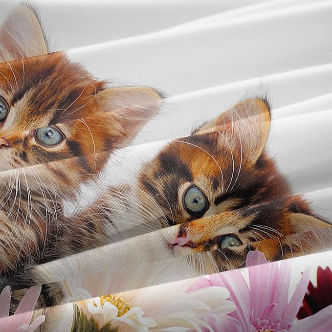 Cat Comforter Set Twin Size for Kids Pink Flowers Cats 3Pcs Bedding Set for boys and Girls (1Summer Comforter+ 2 Pillowcases) Lovely Animal Pets Duvet Set