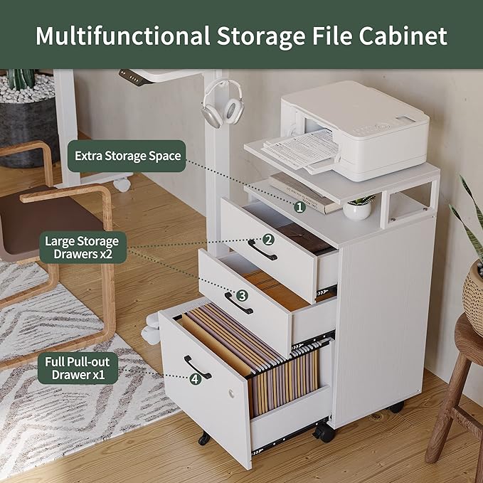 FEZIBO File Cabinet with Lock for Home Office, 3-Drawer Rolling Filing Cabinet, Home Office File Cabinet for A4/Letter/Legal Size, Printer Stand, Wooden Storage Cabinet, White