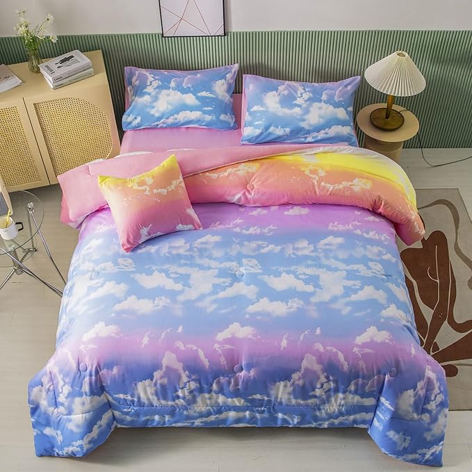PERFEMET Twin Comforter Set for Girls, Corlofrul Rainbow Twin Size Bedding Set, 6Pcs Blue Sky and White Cloud Print Twin Size Bed in A Bag with Comforter and Sheets